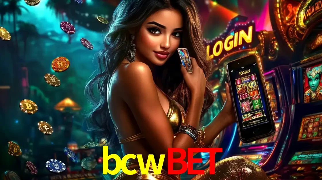 Mulher em um cenário de cassino temático de aventura, mostrando o app de caça-níqueis da bcwbet no celular. Fichas de apostas flutuam ao redor.