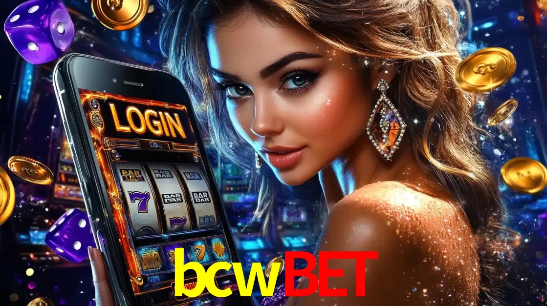 Mulher glamorosa segurando um smartphone com a tela de login para os jogos de caça-níqueis do cassino online bcwbet, com moedas de ouro e dados ao redor.