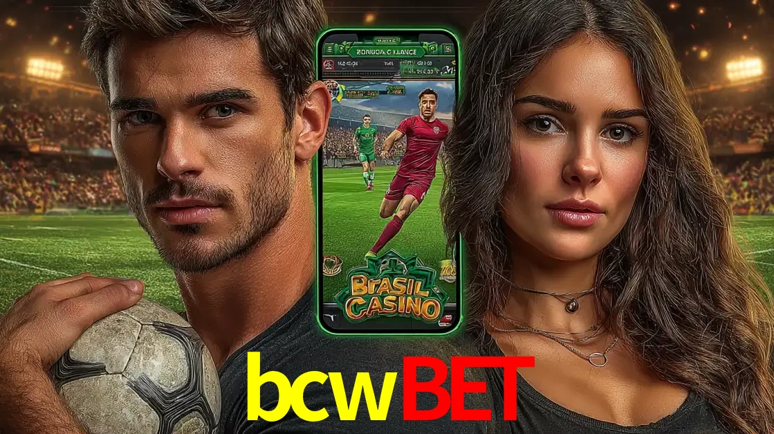 Homem segurando uma bola de futebol e uma mulher ao lado de um smartphone exibindo o jogo de apostas esportivas da bcwbet. Faça seu palpite no cassino online.